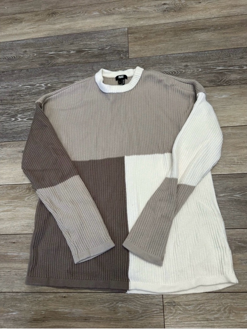 PAIGE Men's Colorblock Ribbed Crewneck Sweater - Taupe & Cream